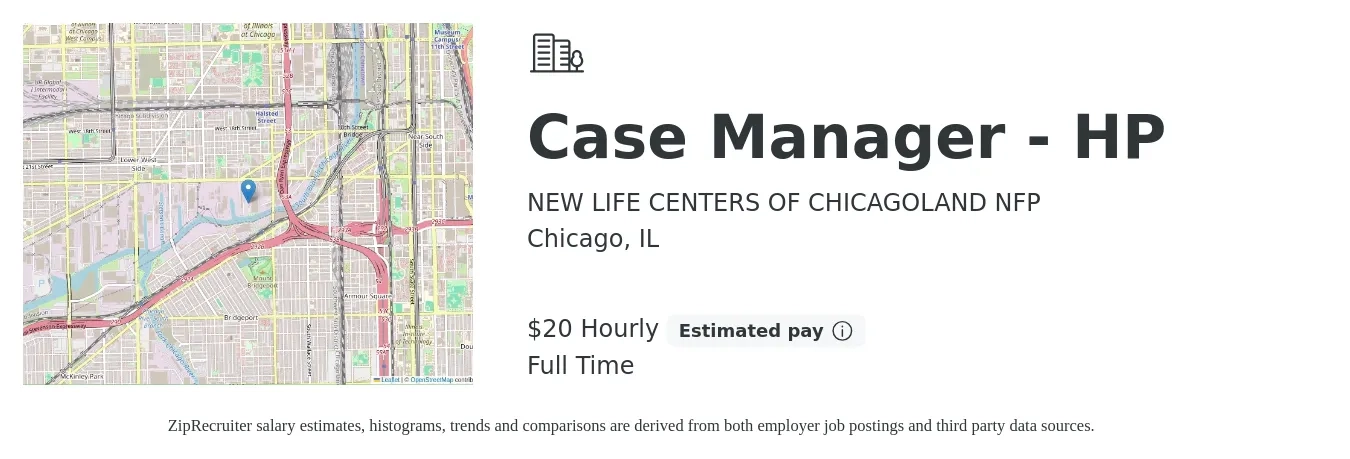 NEW LIFE CENTERS OF CHICAGOLAND NFP job posting for a Case Manager - HP in Chicago, IL with a salary of $22 Hourly with a map of Chicago location.