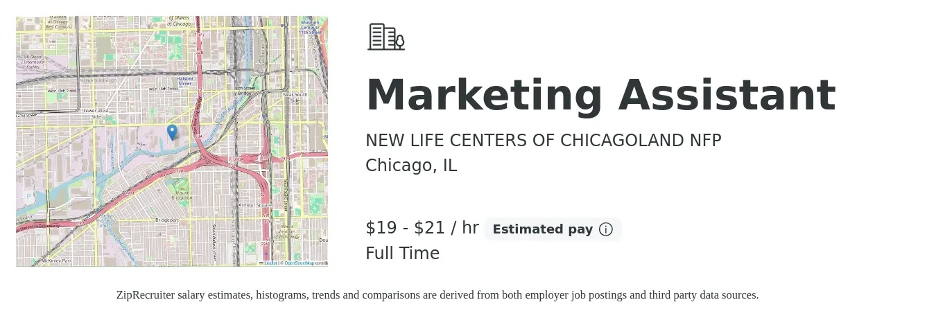 NEW LIFE CENTERS OF CHICAGOLAND NFP job posting for a Marketing Assistant in Chicago, IL with a salary of $20 to $22 Hourly with a map of Chicago location.