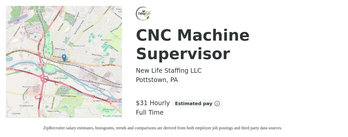 New Life Staffing LLC job posting for a CNC Machine Supervisor in Pottstown, PA with a salary of $33 Hourly with a map of Pottstown location.
