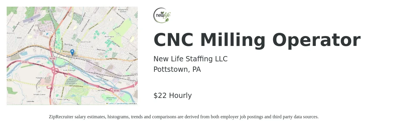New Life Staffing LLC job posting for a CNC Milling Operator in Pottstown, PA with a salary of $23 Hourly with a map of Pottstown location.