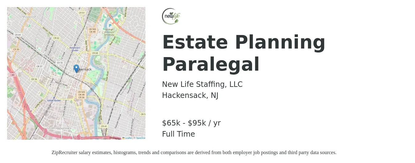 New Life Staffing, LLC job posting for a Estate Planning Paralegal in Hackensack, NJ with a salary of $65,000 to $95,000 Yearly with a map of Hackensack location.
