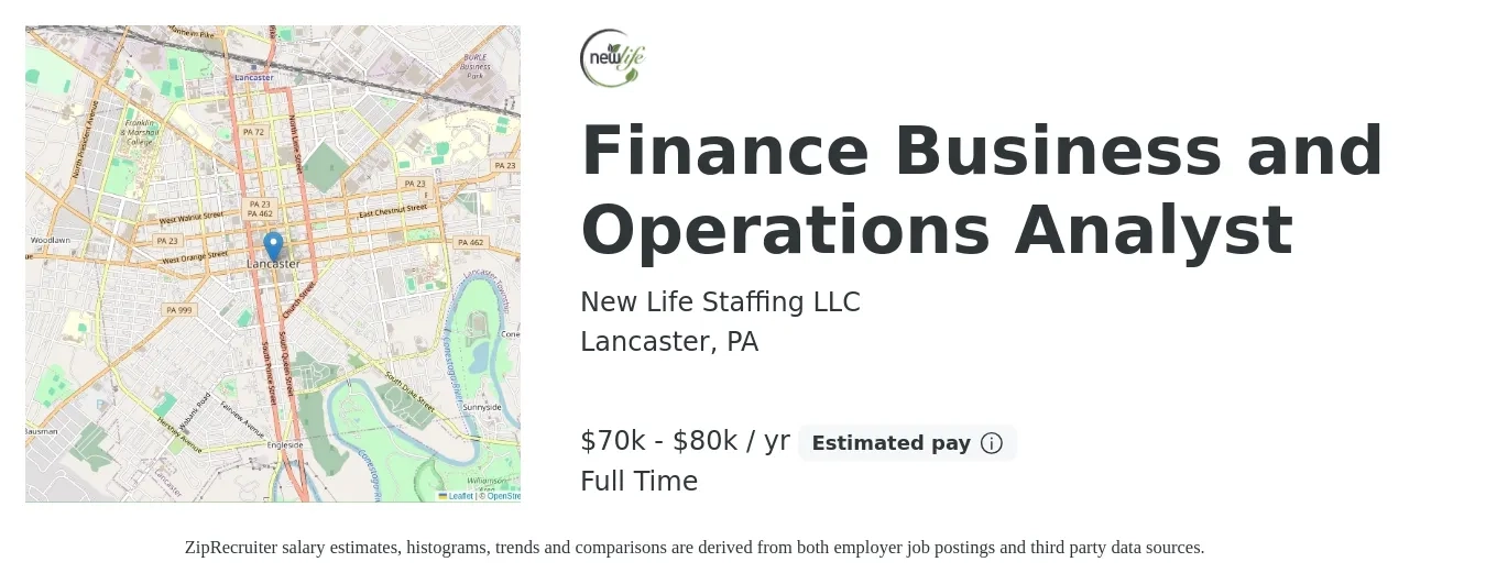 New Life Staffing LLC job posting for a Finance Business and Operations Analyst in Lancaster, PA with a salary of $70,000 to $80,000 Yearly with a map of Lancaster location.