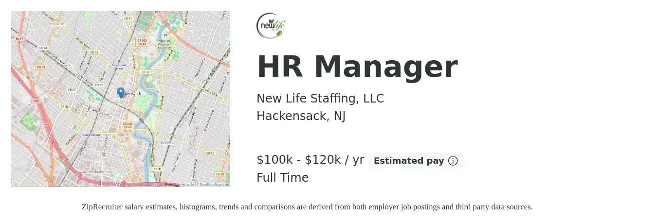 New Life Staffing LLC job posting for a HR Manager in Hackensack, NJ with a salary of $100,000 to $120,000 Yearly with a map of Hackensack location.