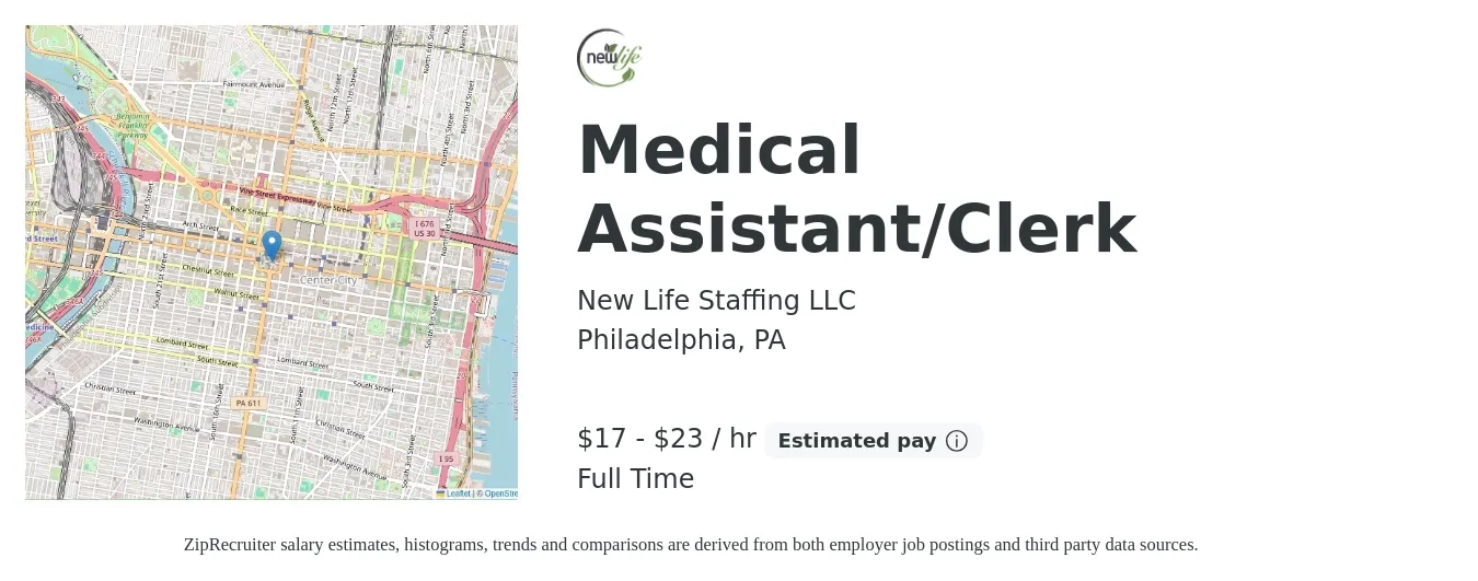New Life Staffing LLC job posting for a Medical Assistant/Clerk in Philadelphia, PA with a salary of $18 to $24 Hourly with a map of Philadelphia location.