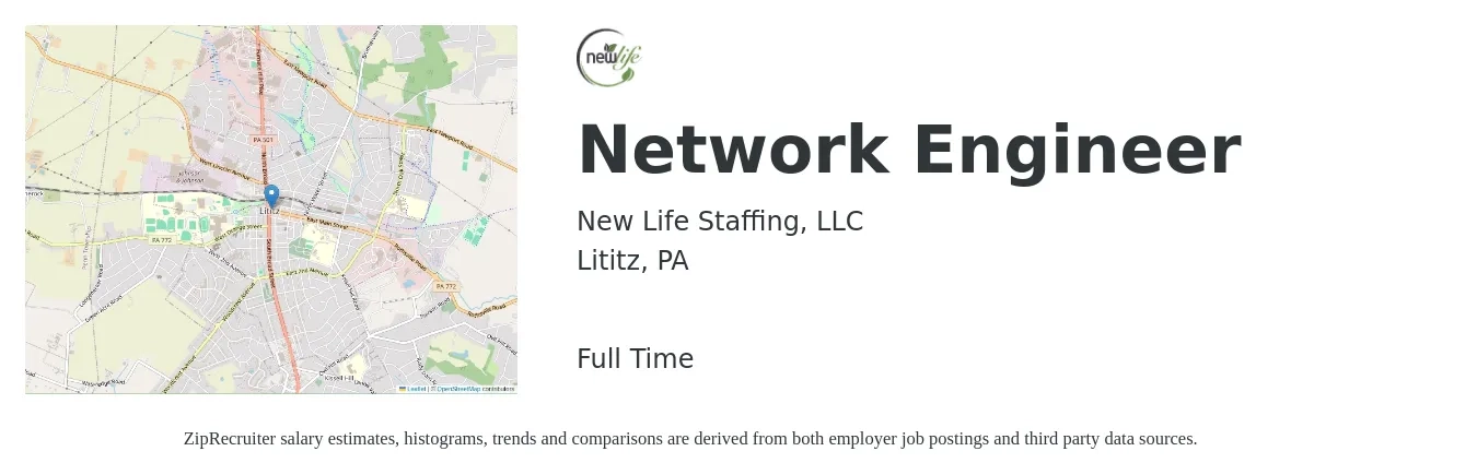 New Life Staffing, LLC job posting for a Network Engineer in Lititz, PA with a salary of $82,500 to $123,700 Yearly with a map of Lititz location.