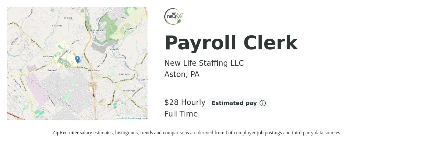 New Life Staffing LLC job posting for a Payroll Clerk in Aston, PA with a salary of $30 Hourly with a map of Aston location.