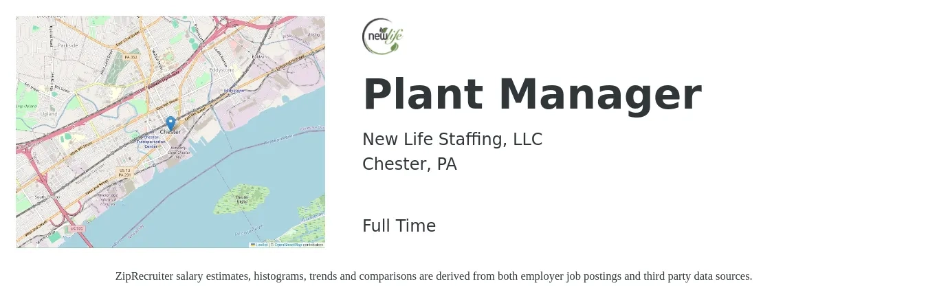 New Life Staffing LLC job posting for a Plant Manager in Chester, PA with a salary of $87,800 to $135,500 Yearly with a map of Chester location.