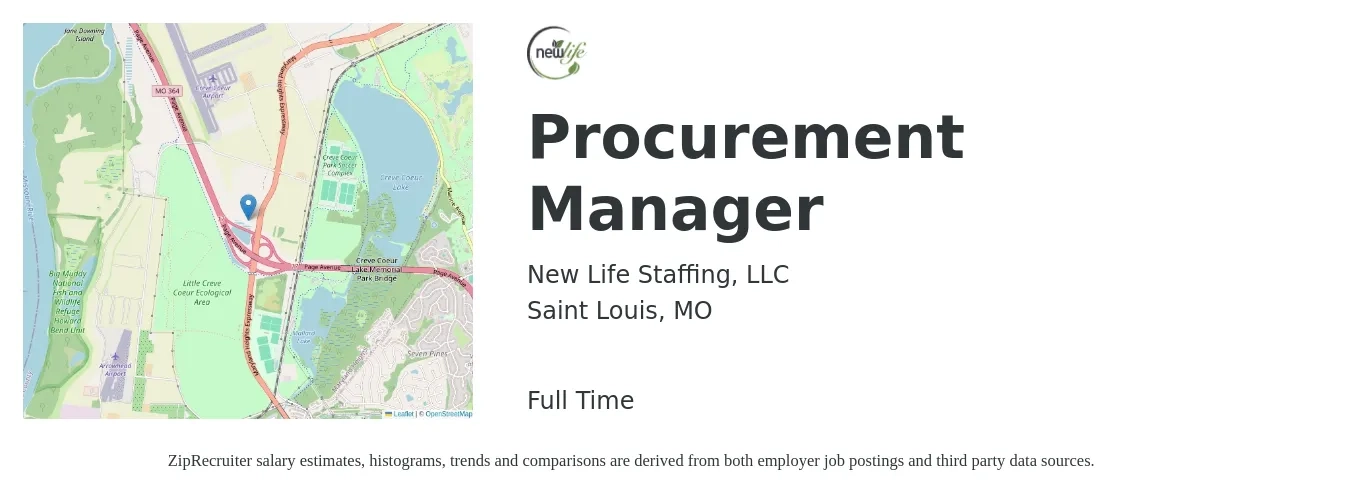 New Life Staffing, LLC job posting for a Procurement Manager in Saint Louis, MO with a salary of $69,300 to $106,700 Yearly with a map of Saint Louis location.
