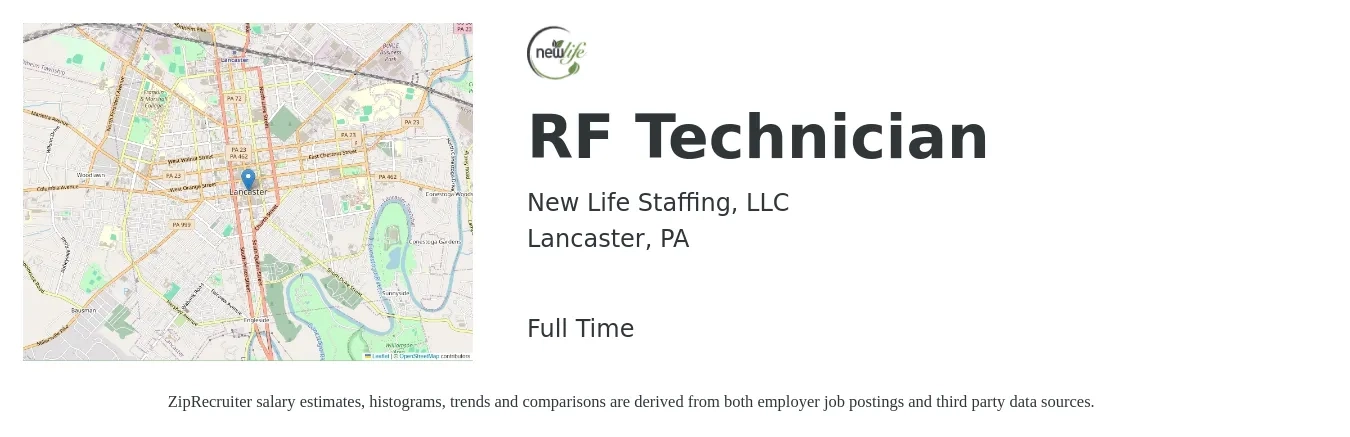New Life Staffing, LLC job posting for a RF Technician in Lancaster, PA with a salary of $26 to $39 Hourly with a map of Lancaster location.