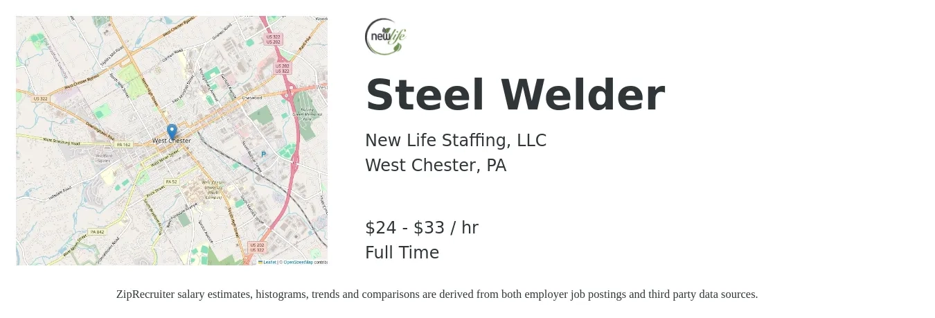 New Life Staffing, LLC job posting for a Steel Welder in West Chester, PA with a salary of $25 to $35 Hourly with a map of West Chester location.