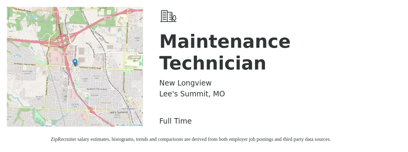 New Longview job posting for a Maintenance Technician in Lee's Summit, MO with a salary of $19 to $26 Hourly with a map of Lee's Summit location.