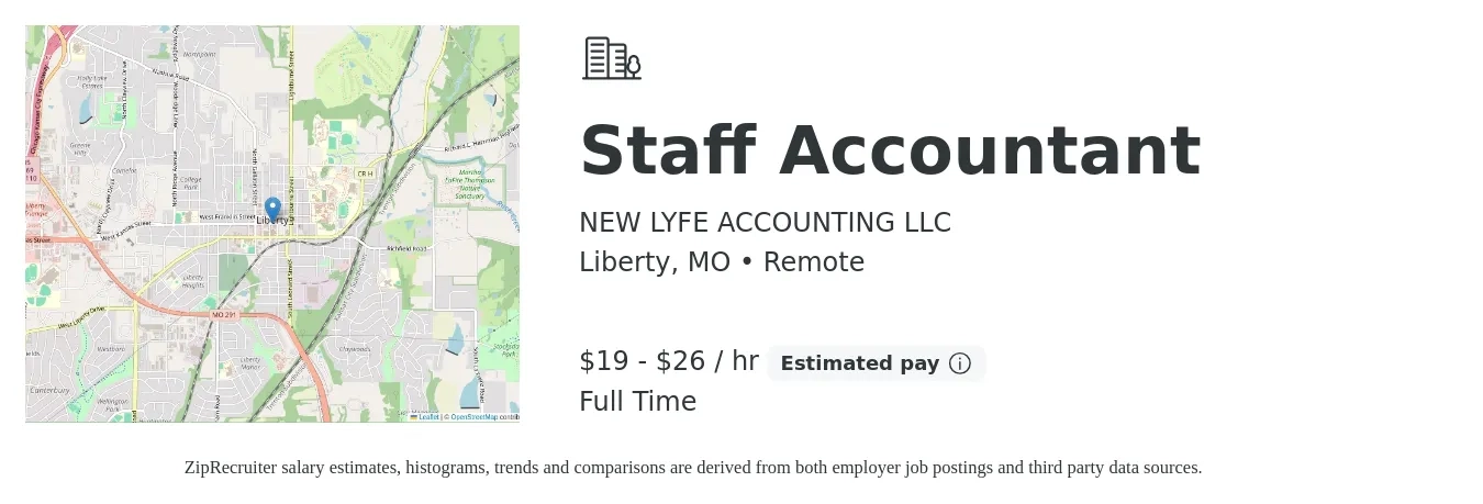 NEW LYFE ACCOUNTING LLC job posting for a Staff Accountant in Liberty, MO with a salary of $20 to $28 Hourly with a map of Liberty location.