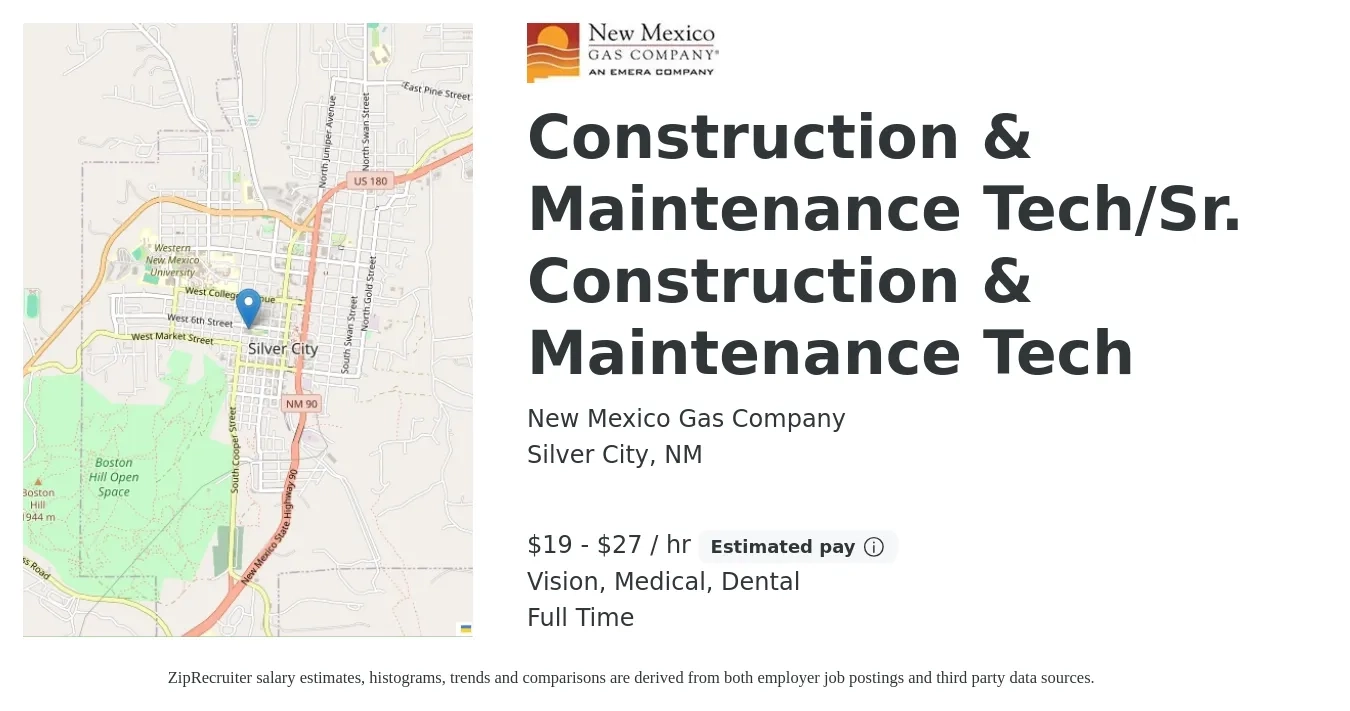 New Mexico Gas Company job posting for a Construction & Maintenance Tech/Sr. Construction & Maintenance Tech in Silver City, NM with a salary of $20 to $29 Hourly and benefits including vision, dental, life_insurance, medical, pto, and retirement with a map of Silver City location.