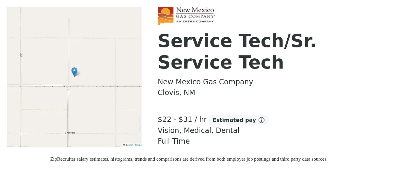 New Mexico Gas Company job posting for a Service Tech/Sr. Service Tech in Clovis, NM with a salary of $23 to $33 Hourly and benefits including life_insurance, medical, pto, retirement, vision, and dental with a map of Clovis location.