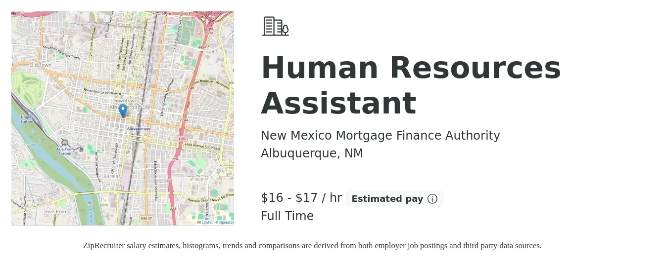 New Mexico Mortgage Finance Authority job posting for a Human Resources Assistant in Albuquerque, NM with a salary of $17 to $18 Hourly with a map of Albuquerque location.