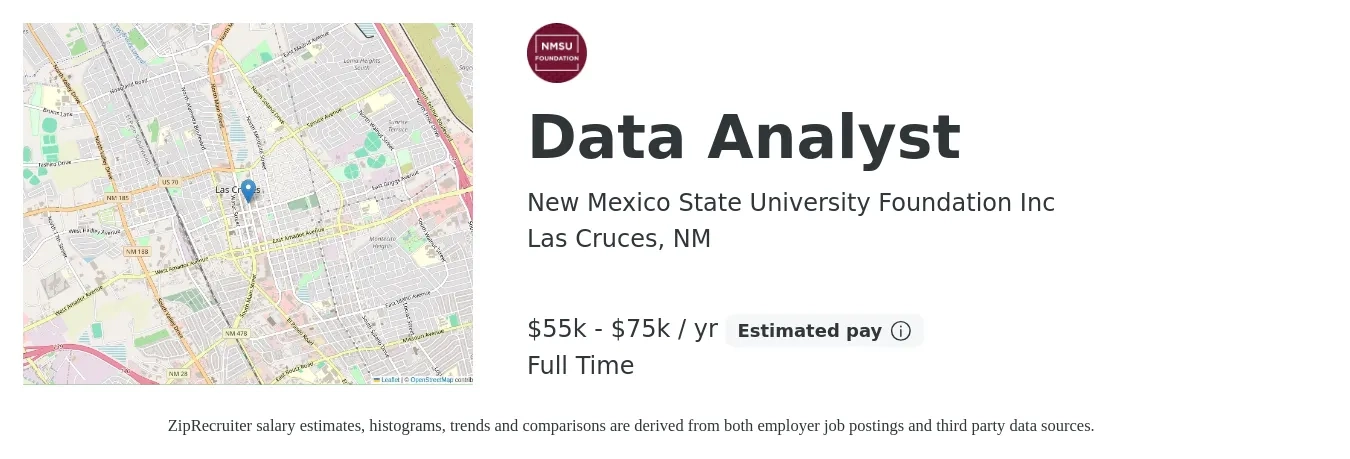 New Mexico State University Foundation Inc job posting for a Data Analyst in Las Cruces, NM with a salary of $55,000 to $75,000 Yearly with a map of Las Cruces location.