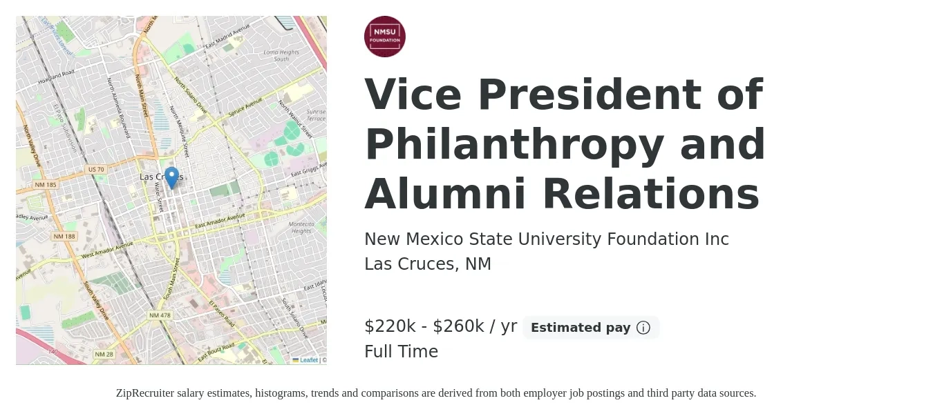 New Mexico State University Foundation Inc job posting for a Vice President of Philanthropy and Alumni Relations in Las Cruces, NM with a salary of $220,000 to $260,000 Yearly with a map of Las Cruces location.