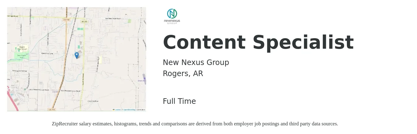 New Nexus Group job posting for a Content Specialist in Rogers, AR with a salary of $22 to $35 Hourly with a map of Rogers location.
