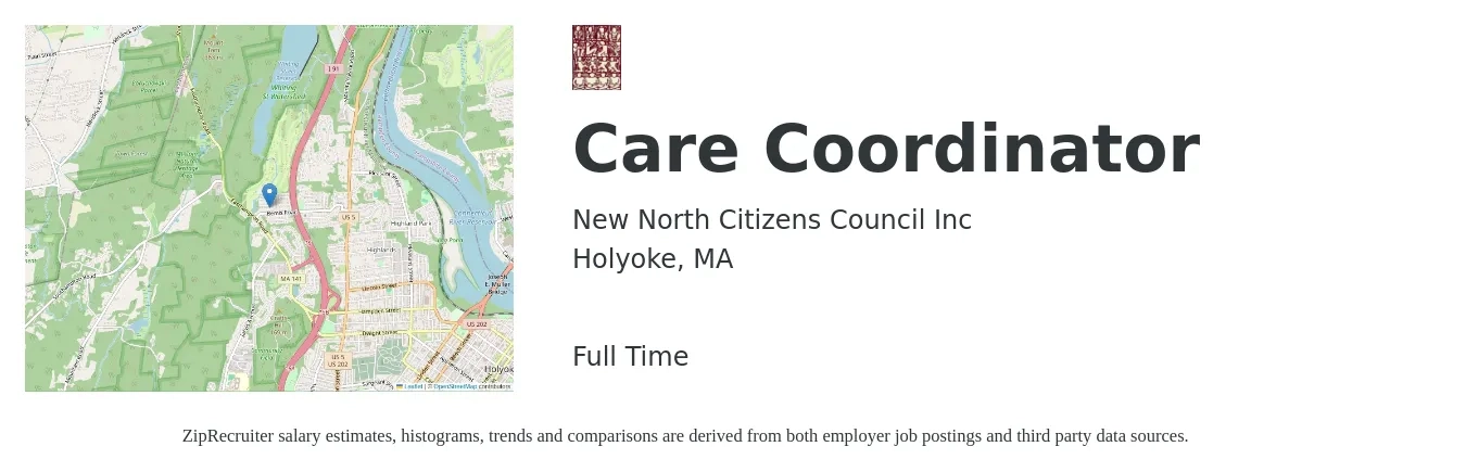 New North Citizens Council Inc job posting for a Care Coordinator in Holyoke, MA with a salary of $19 to $26 Hourly with a map of Holyoke location.