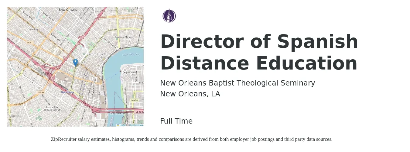 New Orleans Baptist Theological Seminary job posting for a Director of Spanish Distance Education in New Orleans, LA with a salary of $65,100 to $95,000 Yearly with a map of New Orleans location.