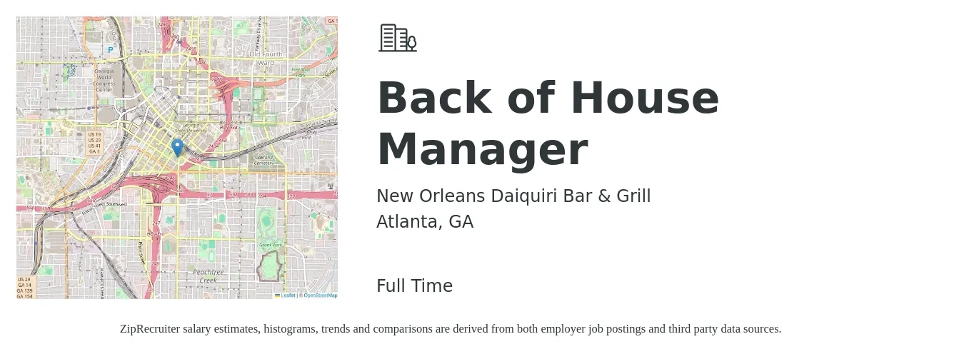 New Orleans Daiquiri Bar & Grill job posting for a Back of House Manager in Atlanta, GA with a salary of $42,300 to $130,800 Yearly with a map of Atlanta location.
