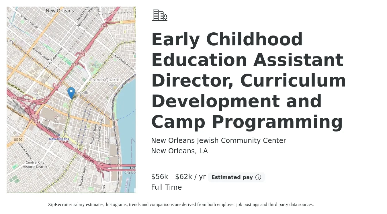 New Orleans Jewish Community Center job posting for a Early Childhood Education Assistant Director, Curriculum Development and Camp Programming in New Orleans, LA with a salary of $56,275 to $62,000 Yearly with a map of New Orleans location.