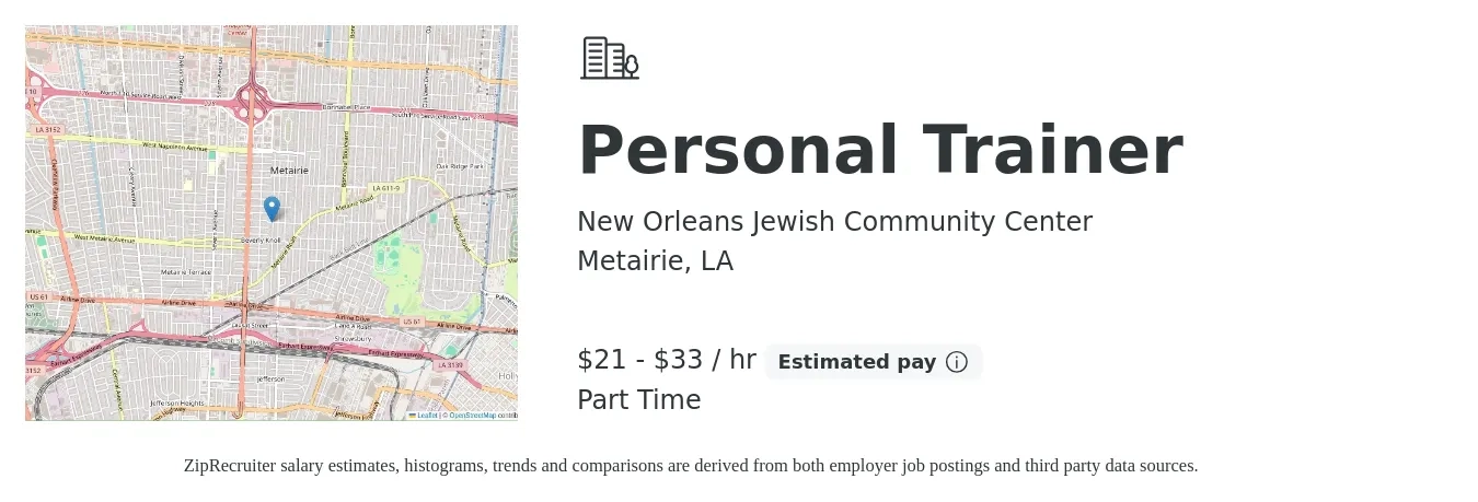 New Orleans Jewish Community Center job posting for a Personal Trainer in Metairie, LA with a salary of $22 to $35 Hourly with a map of Metairie location.
