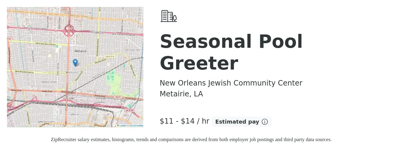 New Orleans Jewish Community Center job posting for a Seasonal Pool Greeter in Metairie, LA with a salary of $12 to $15 Hourly with a map of Metairie location.