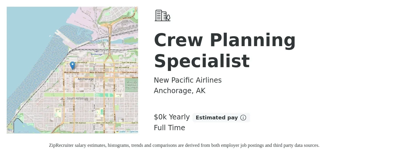 New Pacific Airlines job posting for a Crew Planning Specialist in Anchorage, AK with a salary of $20 to $22 Yearly with a map of Anchorage location.