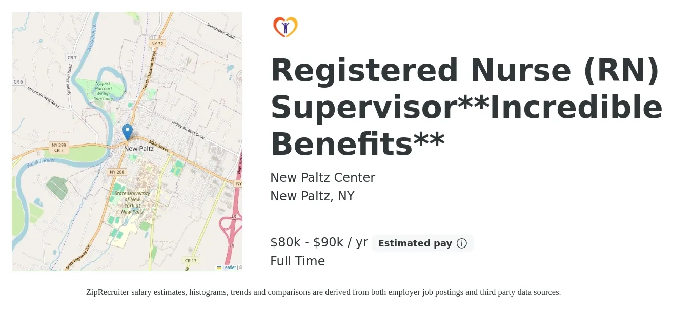 New Paltz Center job posting for a Registered Nurse (RN) Supervisor**Incredible Benefits** in New Paltz, NY with a salary of $80,000 to $90,000 Yearly with a map of New Paltz location.