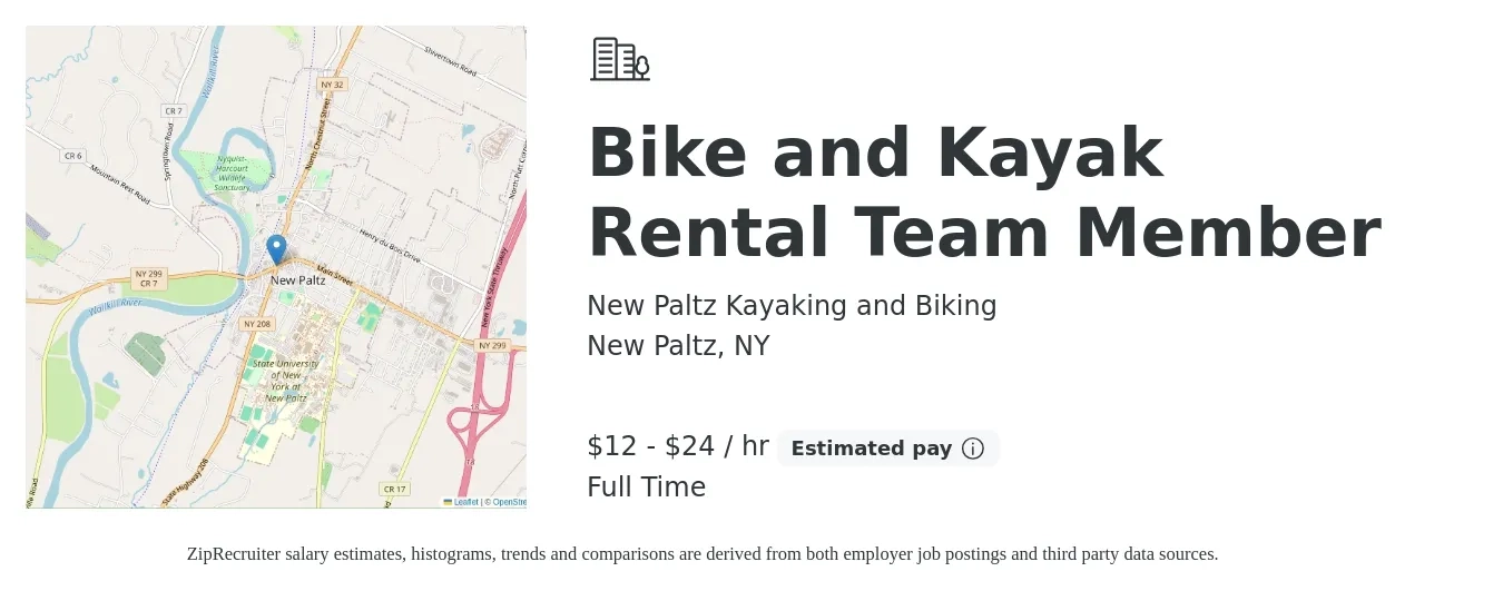 New Paltz Kayaking and Biking job posting for a Bike and Kayak Rental Team Member in New Paltz, NY with a salary of $13 to $25 Hourly with a map of New Paltz location.