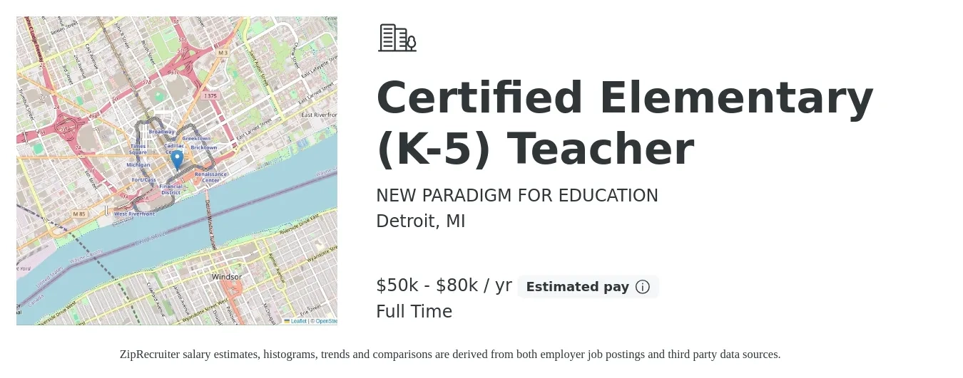 NEW PARADIGM FOR EDUCATION job posting for a Certified Elementary (K-5) Teacher in Detroit, MI with a salary of $50,000 to $80,000 Yearly with a map of Detroit location.