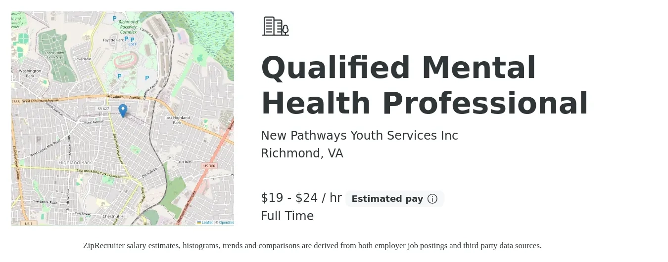 New Pathways Youth Services Inc job posting for a Qualified Mental Health Professional in Richmond, VA with a salary of $20 to $25 Hourly with a map of Richmond location.