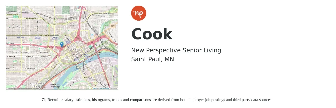 New Perspective Senior Living LLC job posting for a Cook in Saint Paul, MN with a salary of $14 to $19 Hourly with a map of Saint Paul location.