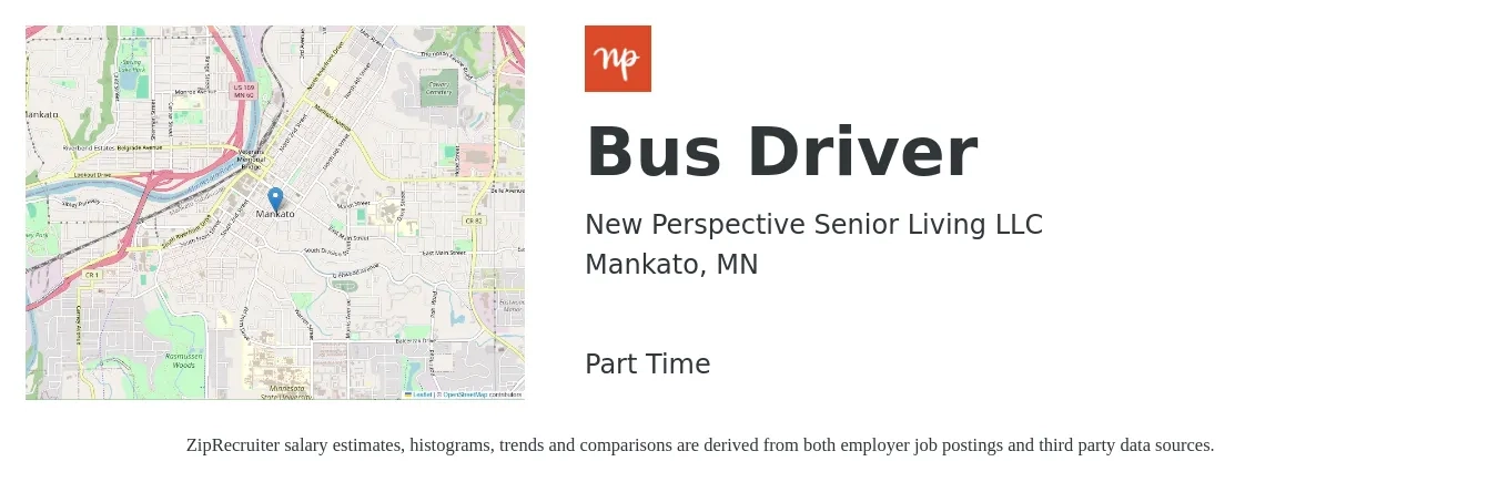 New Perspective Senior Living LLC job posting for a Bus Driver in Mankato, MN with a salary of $17 to $23 Hourly with a map of Mankato location.