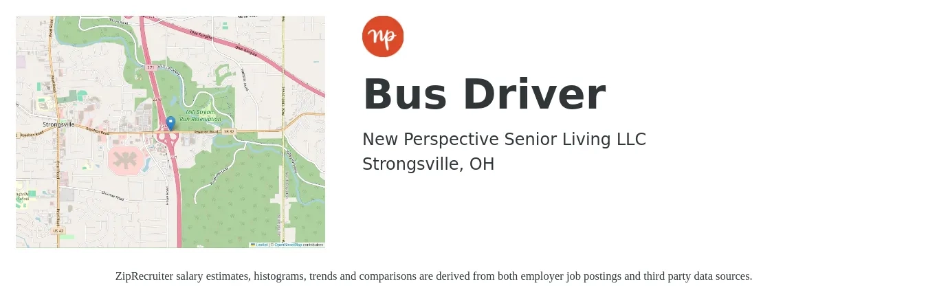 New Perspective Senior Living LLC job posting for a Bus Driver in Strongsville, OH with a salary of $16 to $22 Hourly with a map of Strongsville location.