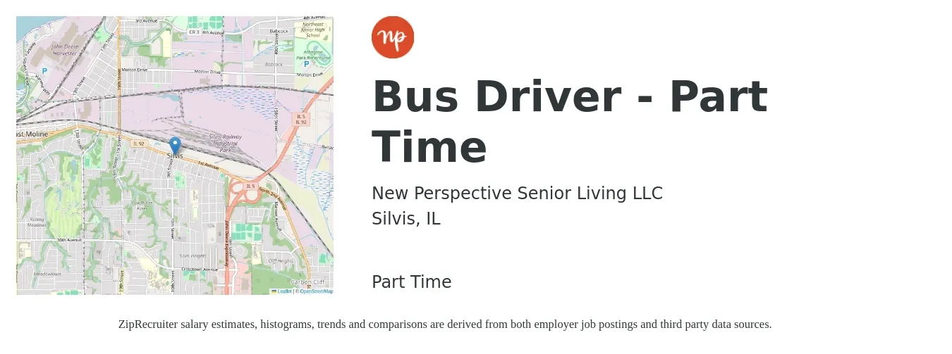 New Perspective Senior Living job posting for a Bus Driver - Part Time in Silvis, IL with a salary of $16 to $22 Hourly with a map of Silvis location.