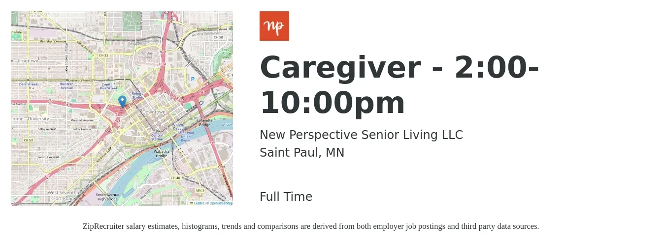 New Perspective Senior Living LLC job posting for a Caregiver - 2:00-10:00pm in Saint Paul, MN with a salary of $14 to $18 Hourly with a map of Saint Paul location.