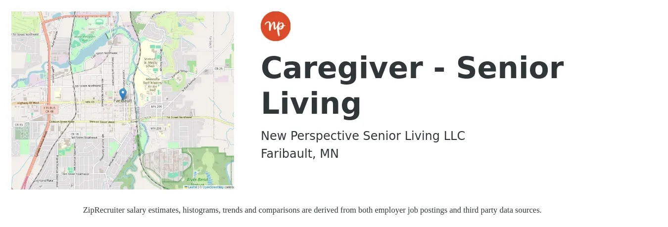 New Perspective Senior Living LLC job posting for a Caregiver - Senior Living in Faribault, MN with a salary of $15 to $19 Hourly with a map of Faribault location.