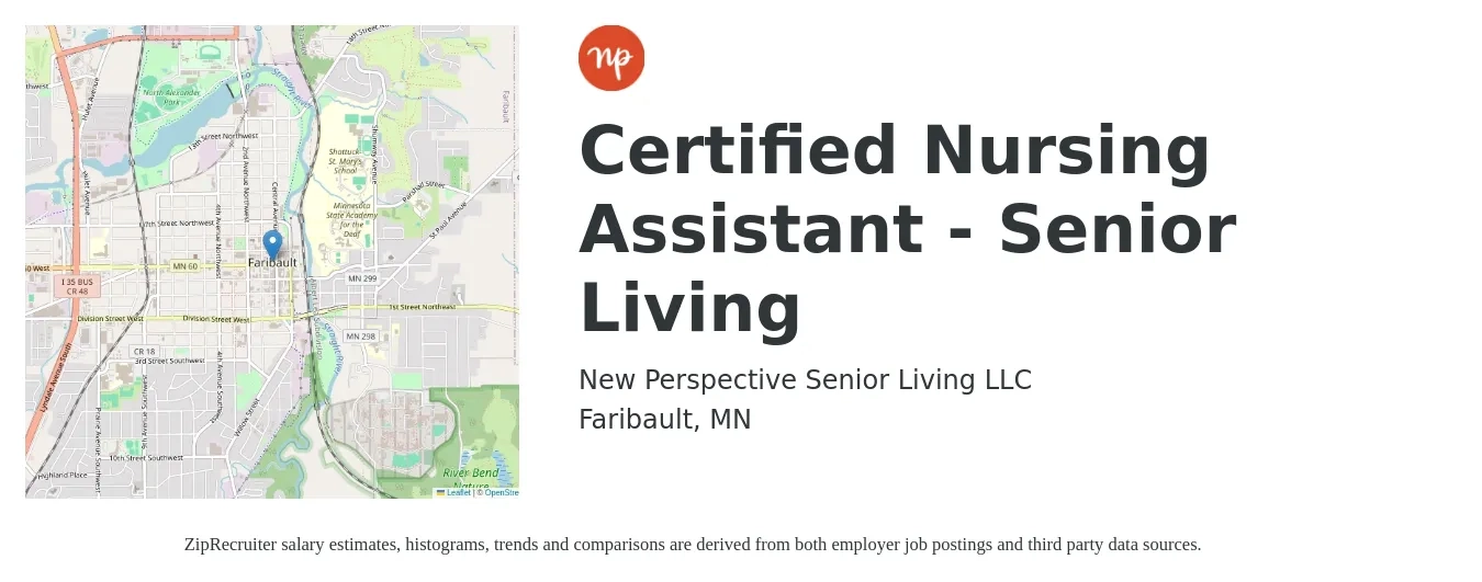 New Perspective Senior Living LLC job posting for a Certified Nursing Assistant - Senior Living in Faribault, MN with a salary of $18 to $24 Hourly with a map of Faribault location.