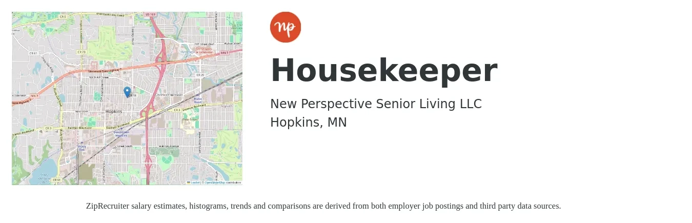 New Perspective Senior Living LLC job posting for a Housekeeper in Hopkins, MN with a salary of $14 to $18 Hourly with a map of Hopkins location.