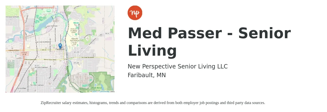 New Perspective Senior Living LLC job posting for a Med Passer - Senior Living in Faribault, MN with a salary of $20 to $42 Hourly with a map of Faribault location.