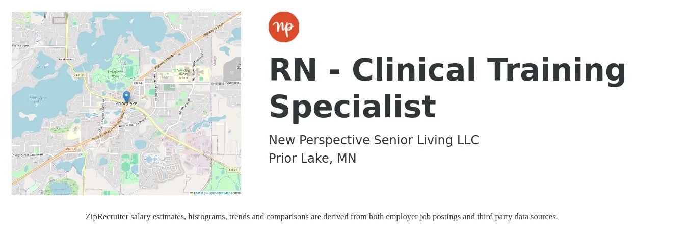 New Perspective Senior Living LLC job posting for a RN - Clinical Training Specialist in Prior Lake, MN with a salary of $72,900 to $104,200 Yearly with a map of Prior Lake location.
