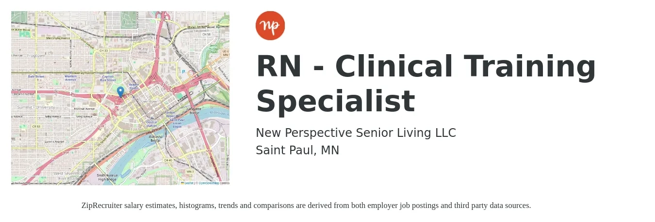 New Perspective Senior Living LLC job posting for a RN - Clinical Training Specialist in Saint Paul, MN with a salary of $71,800 to $102,700 Yearly with a map of Saint Paul location.