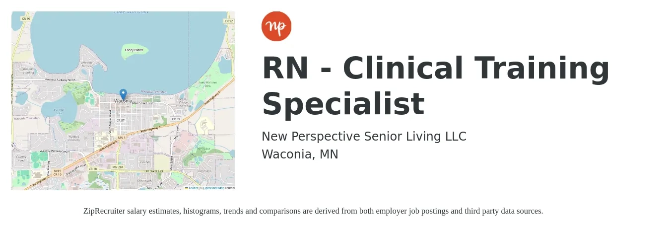 New Perspective Senior Living LLC job posting for a RN - Clinical Training Specialist in Waconia, MN with a salary of $73,200 to $104,700 Yearly with a map of Waconia location.