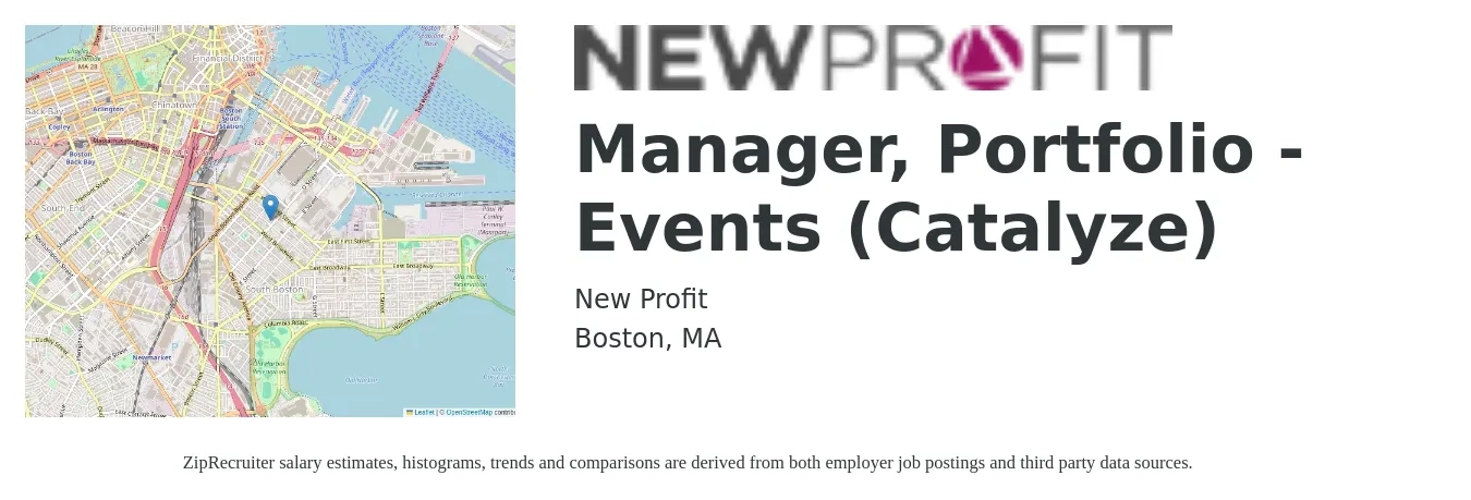 New Profit job posting for a Manager, Portfolio - Events (Catalyze) in Boston, MA with a salary of $92,110 to $105,412 Yearly with a map of Boston location.