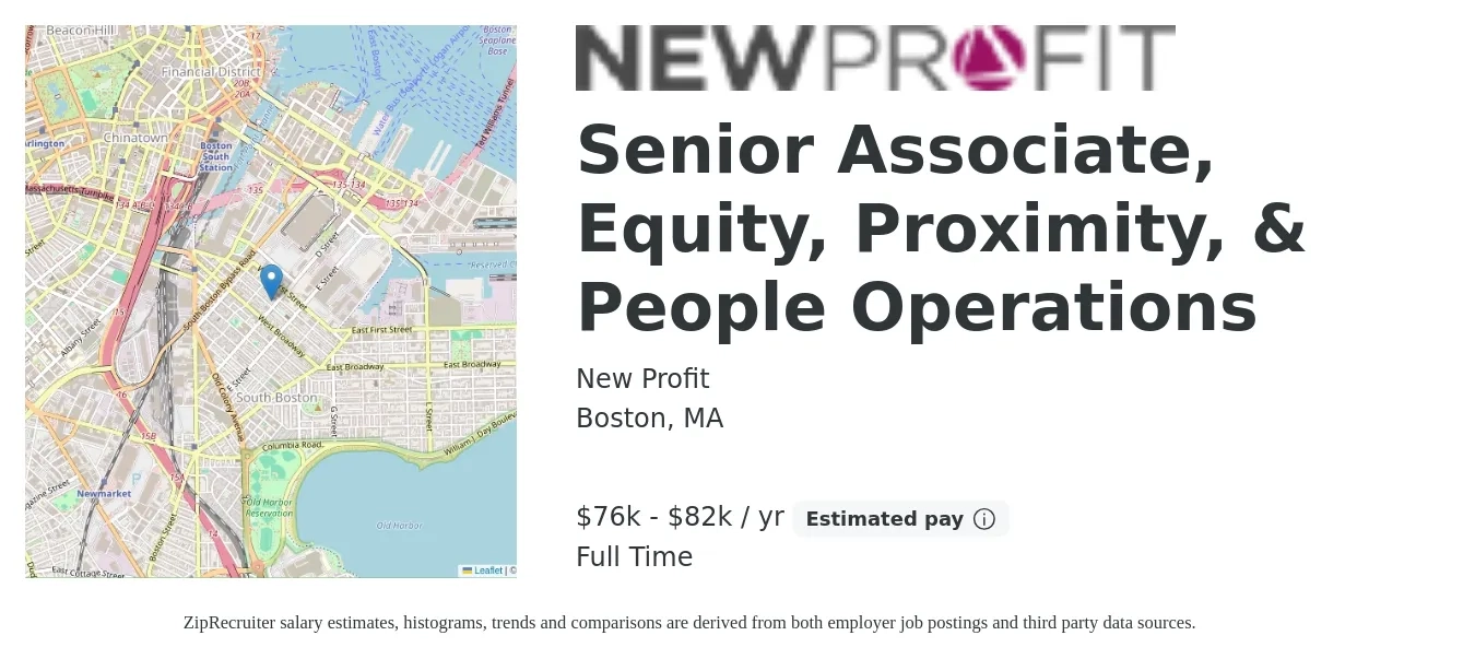 New Profit job posting for a Senior Associate, Equity, Proximity, & People Operations in Boston, MA with a salary of $76,380 to $82,282 Yearly with a map of Boston location.
