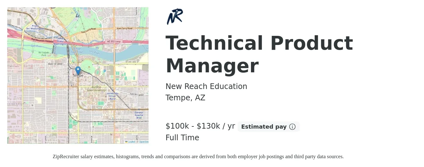 New Reach Education job posting for a Technical Product Manager in Tempe, AZ with a salary of $100,000 to $130,000 Yearly with a map of Tempe location.