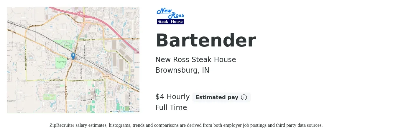 New Ross Steak House job posting for a Bartender in Brownsburg, IN with a salary of $5 Hourly (plus commission) with a map of Brownsburg location.