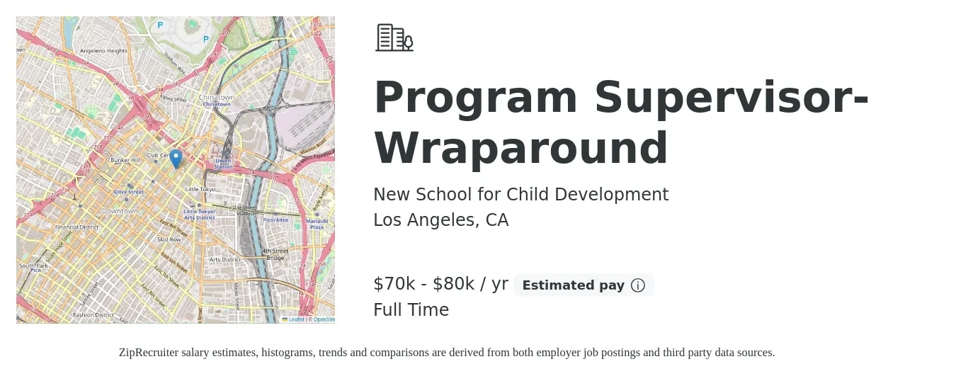 New School for Child Development job posting for a Program Supervisor- Wraparound in Los Angeles, CA with a salary of $70,000 to $80,000 Yearly with a map of Los Angeles location.